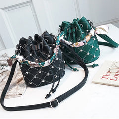 Vintage Leather Handbag Drawstring Silk Ribbon Bucket Shoulder Bag