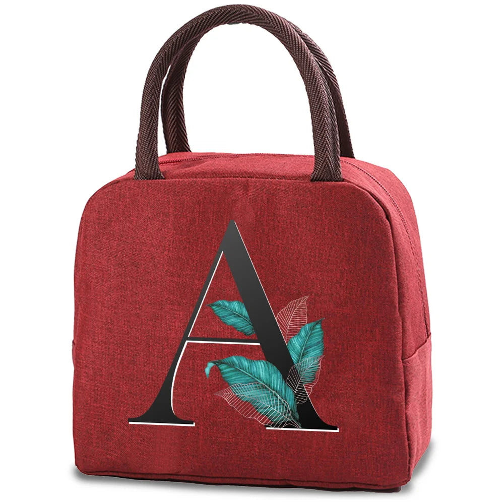 Leaf Letter Print Lunch Bag Insulated Cooler Kids Thermal Bento Handbag