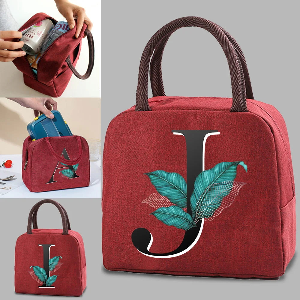 Leaf Letter Print Lunch Bag Insulated Cooler Kids Thermal Bento Handbag