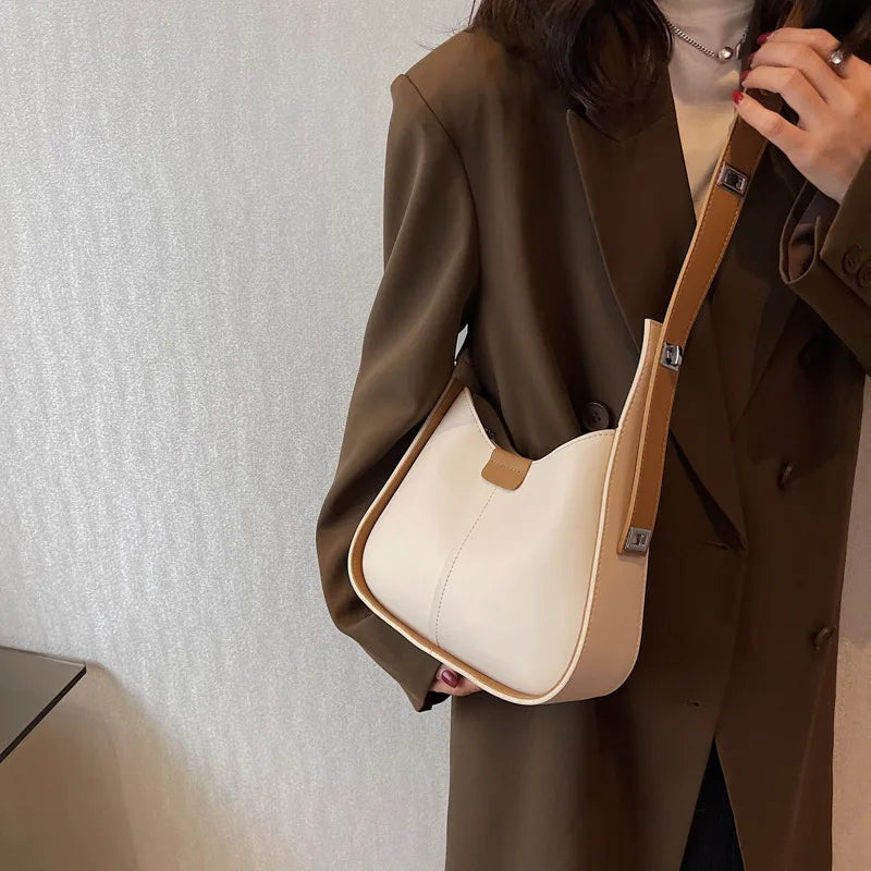 One Shoulder Bags Contrast Armpit Handbag Women Casual Retro Soft Leather Crossb