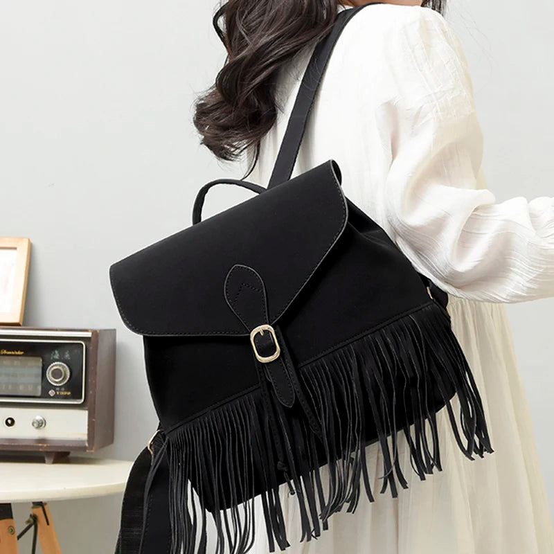 Retro Women Backpack Tassel Shoulder Bag High School Bag For Teenage Girls