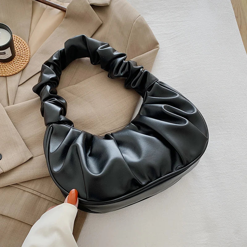 Solid Cloud Pleated Handlebags for Women PU Bags Leisure Tote Bag