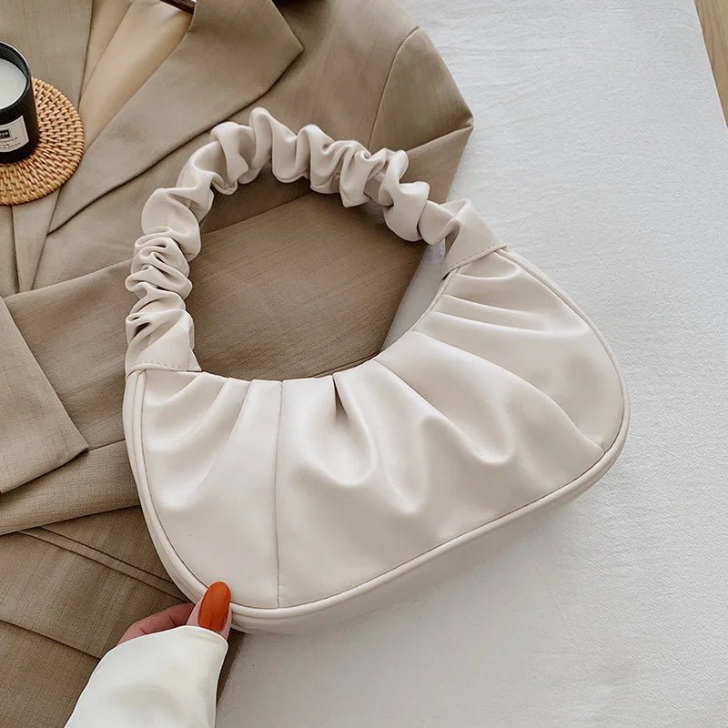 Solid Cloud Pleated Handlebags for Women PU Bags Leisure Tote Bag