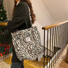 Corduroy Leopard Print Shoulder Bag Large Capacity Totes