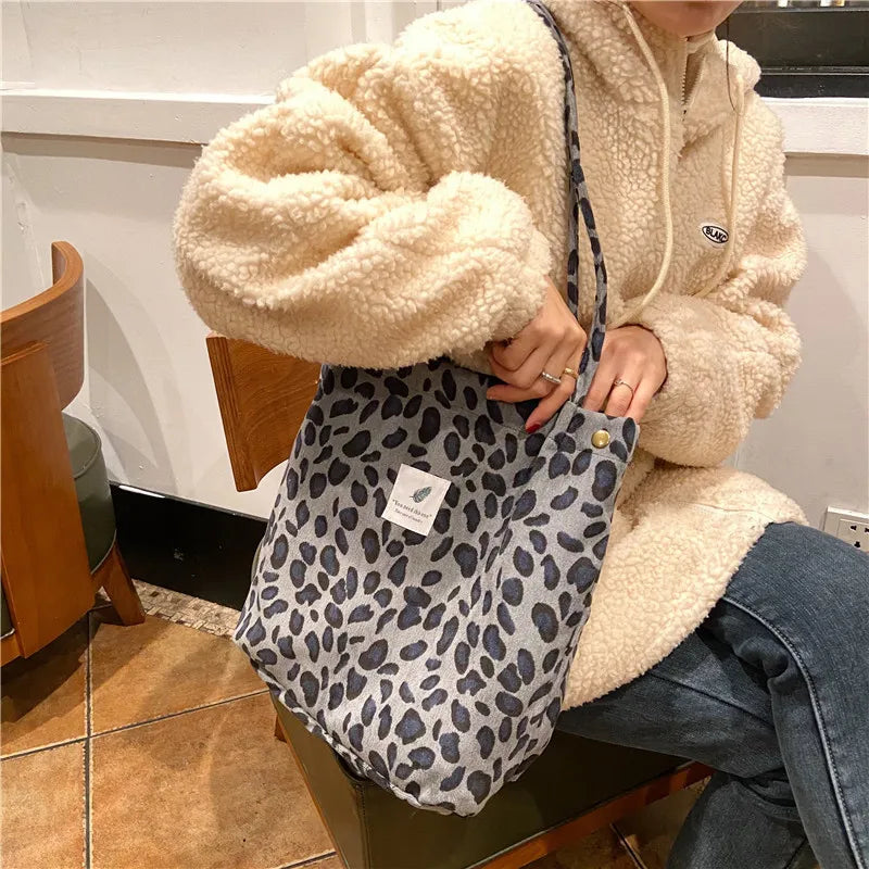 Corduroy Leopard Print Shoulder Bag Large Capacity Totes