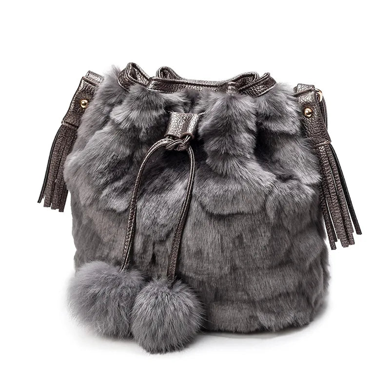 Vintage Faux Rabbit Fur Women Bag Messenger Bags Shoulder Cross Chain Bucket Bag