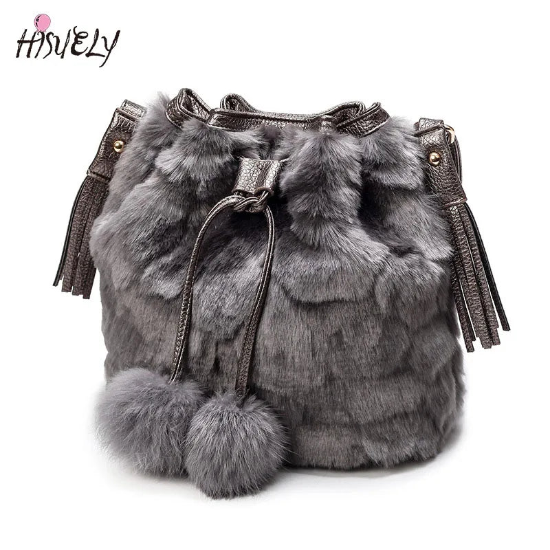 Vintage Faux Rabbit Fur Women Bag Messenger Bags Shoulder Cross Chain Bucket Bag