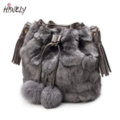 Vintage Faux Rabbit Fur Women Bag Messenger Bags Shoulder Cross Chain Bucket Bag