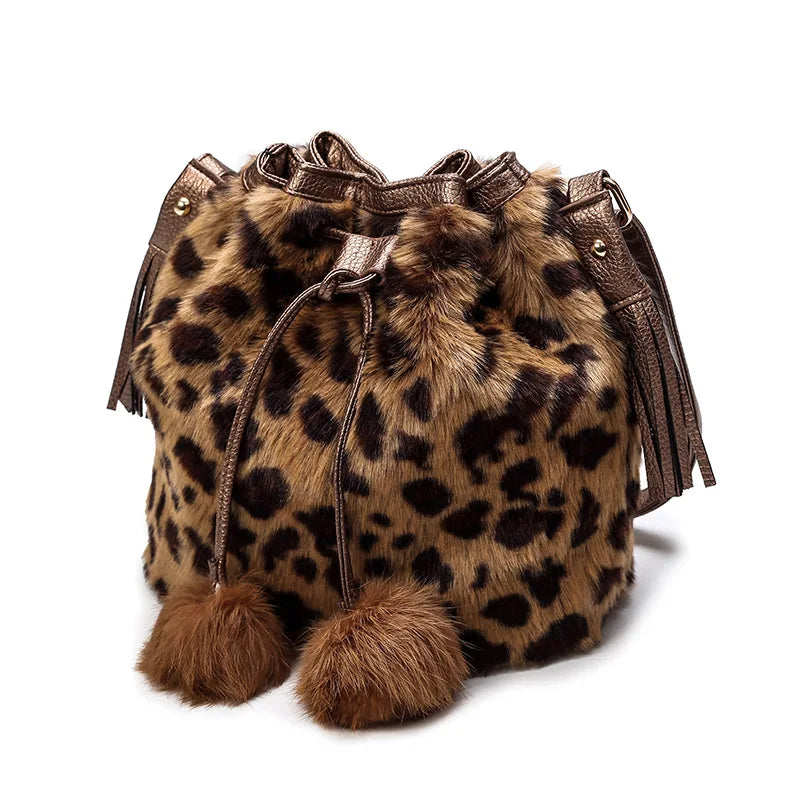 Vintage Faux Rabbit Fur Women Bag Messenger Bags Shoulder Cross Chain Bucket Bag