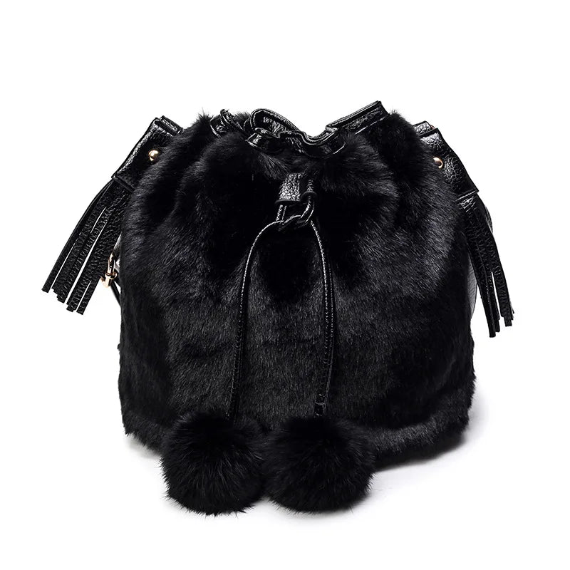 Vintage Faux Rabbit Fur Women Bag Messenger Bags Shoulder Cross Chain Bucket Bag