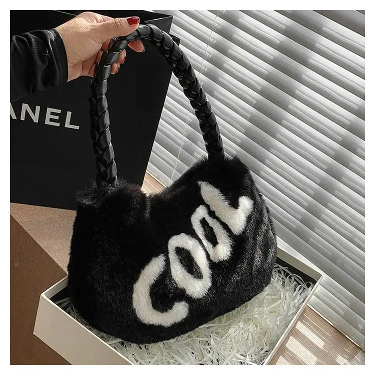 Winter Fur Armpit Bag Braided Handle Shoulder Bags For Women Soft Plush Handbag