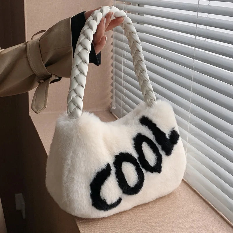 Winter Fur Armpit Bag Braided Handle Shoulder Bags For Women Soft Plush Handbag