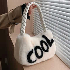 Winter Fur Armpit Bag Braided Handle Shoulder Bags For Women Soft Plush Handbag
