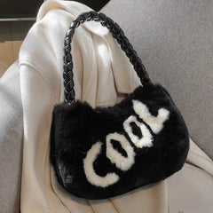 Winter Fur Armpit Bag Braided Handle Shoulder Bags For Women Soft Plush Handbag