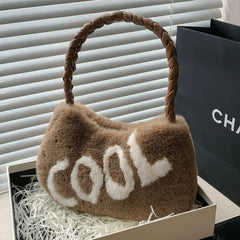 Winter Fur Armpit Bag Braided Handle Shoulder Bags For Women Soft Plush Handbag