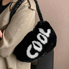 Winter Fur Armpit Bag Braided Handle Shoulder Bags For Women Soft Plush Handbag