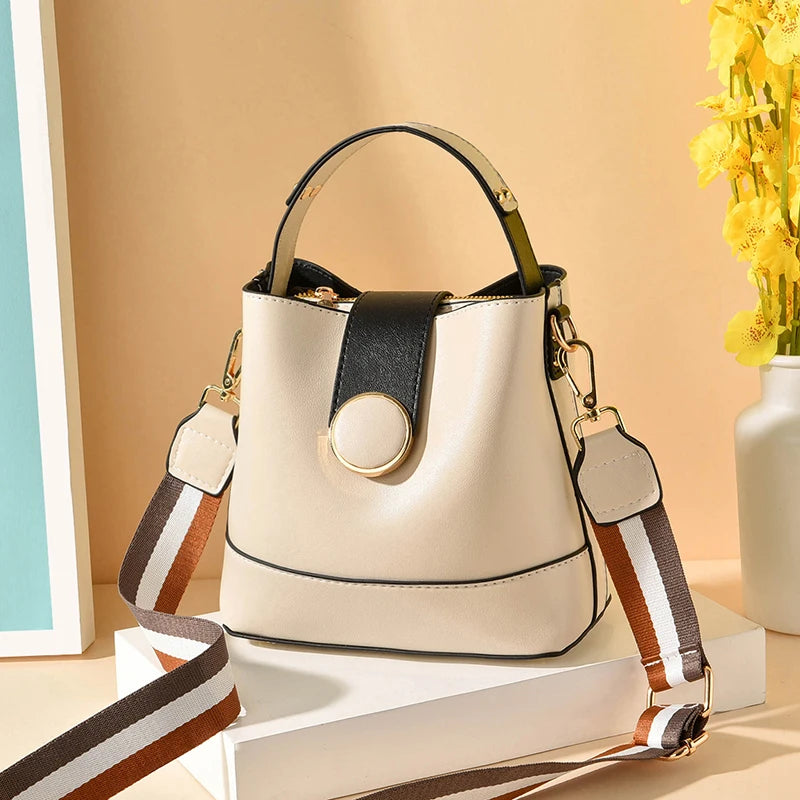 Colorful Strap Bucket Bag PU Leather Shoulder Crossbody Messenger Bag