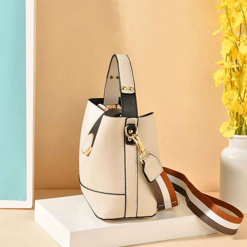 Colorful Strap Bucket Bag PU Leather Shoulder Crossbody Messenger Bag