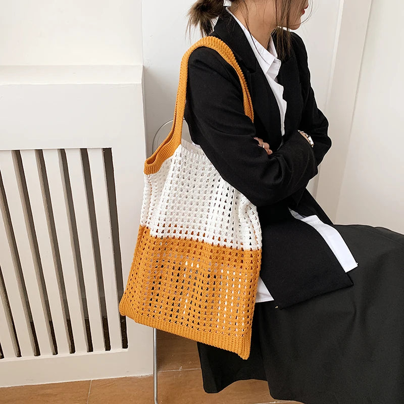 Women Mesh Woven Top Handle Shoulder Bag