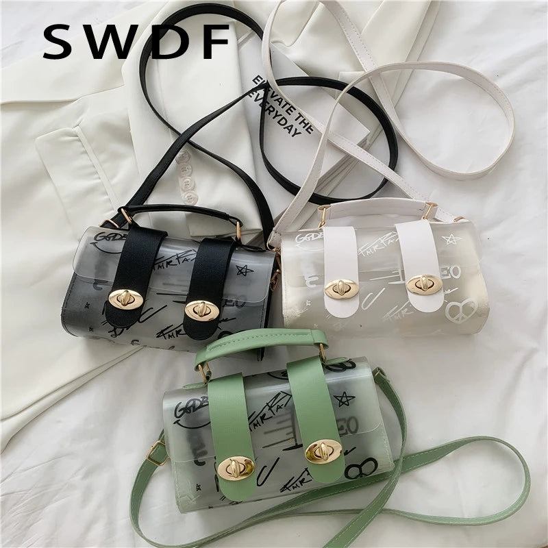 Women Transparent Graffiti Shoulder Bag PVC Messenger Handbag Crossbody Purse