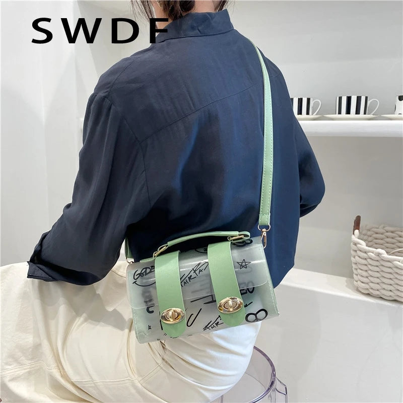 Women Transparent Graffiti Shoulder Bag PVC Messenger Handbag Crossbody Purse