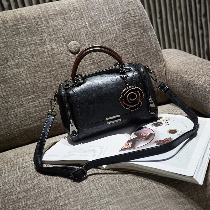 Flowers Pendant Boston Bags for Women PU Crossbody Bag
