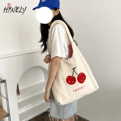 Embroidered Cherry Letter Tote Bag Shoulder Handbag