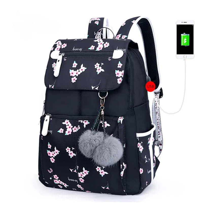 Girls Laptop Backpack USB School Bag Cat Backpack