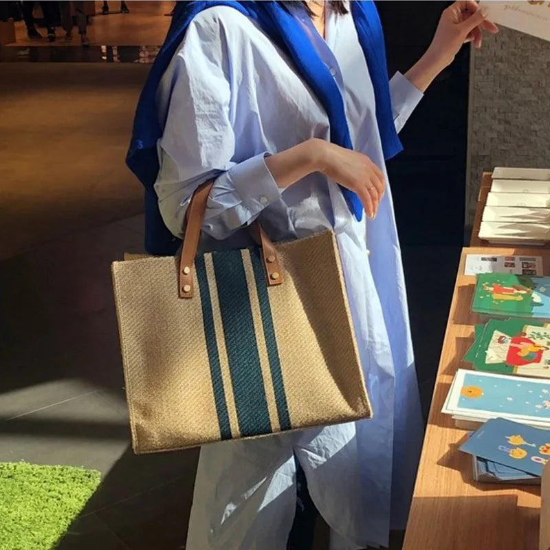 Large Canvas Handbag Vintage Striped Tote Bag Female Business Briefcase Style