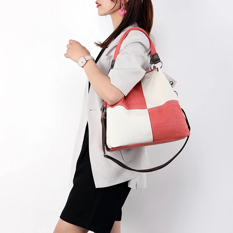Literary Women's Large Capacity Grid Canvas Shopping Bag