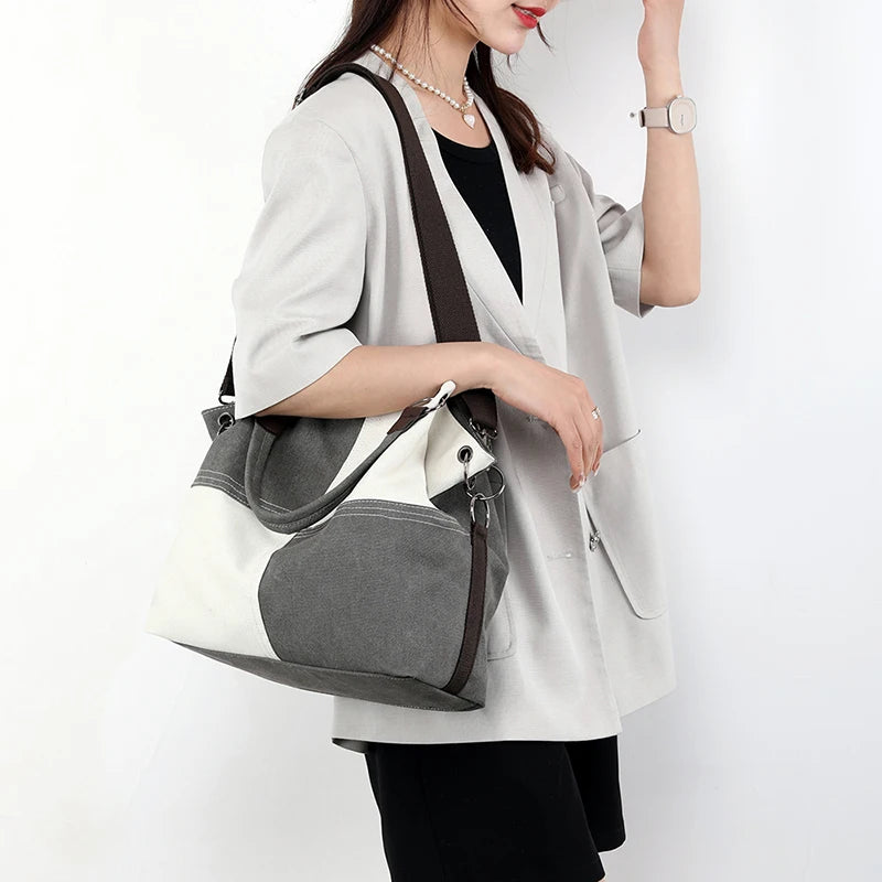Literary Women's Large Capacity Grid Canvas Shopping Bag