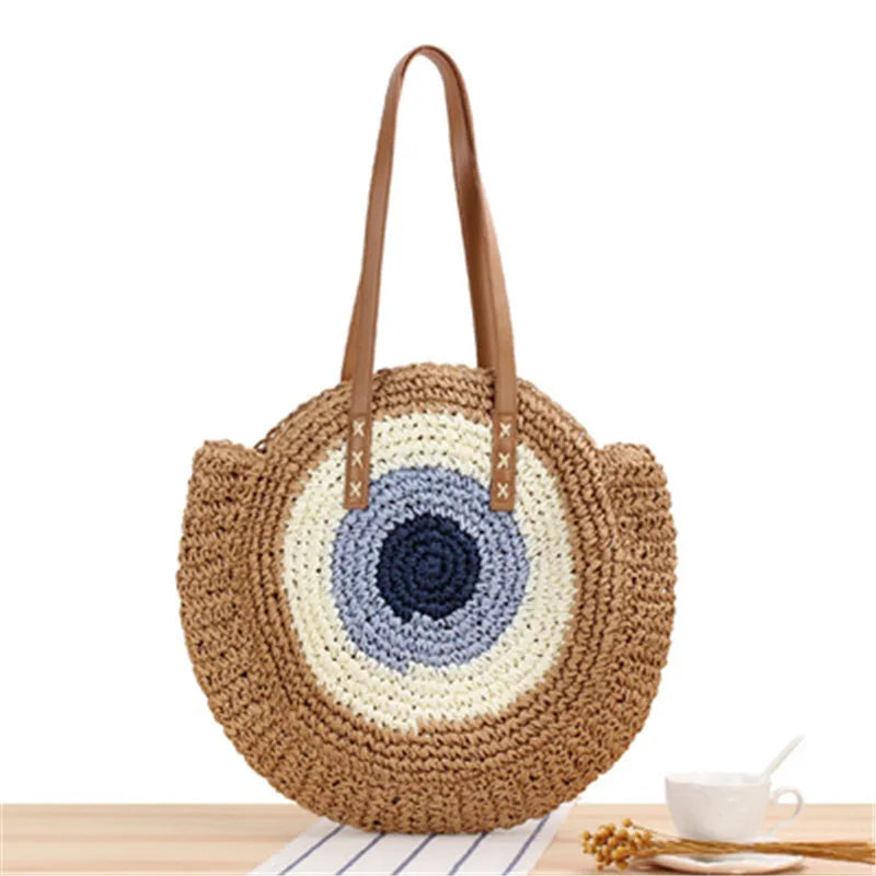 Summer Bohemia Large Round Straw Beach Shoulder Bag