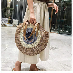 Summer Bohemia Large Round Straw Beach Shoulder Bag