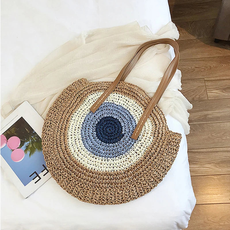 Summer Bohemia Large Round Straw Beach Shoulder Bag