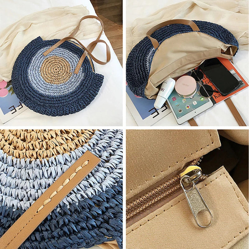 Summer Bohemia Large Round Straw Beach Shoulder Bag