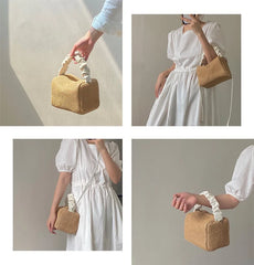 Summer Straw Woven Bag Retro Pleat Square Beach Bag