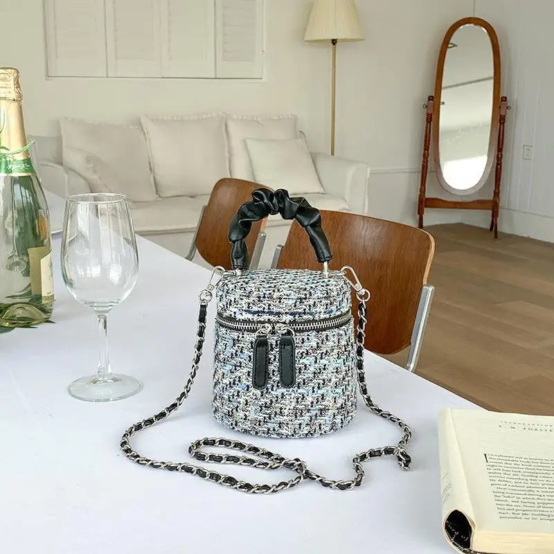 Tweed Women's Bucket Bag Ruched Tote Woolen Crossbody Handbag