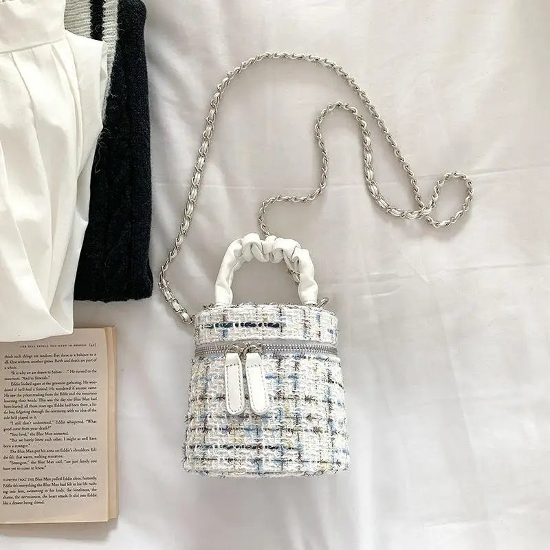 Tweed Women's Bucket Bag Ruched Tote Woolen Crossbody Handbag