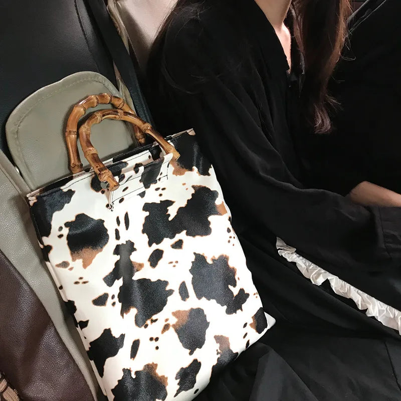 Vintage Cow Pattern Women Handbags Bamboo Handle Hand Bags