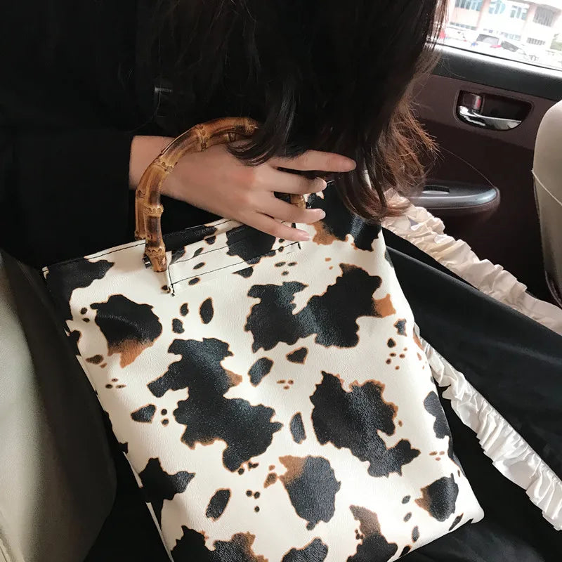 Vintage Cow Pattern Women Handbags Bamboo Handle Hand Bags