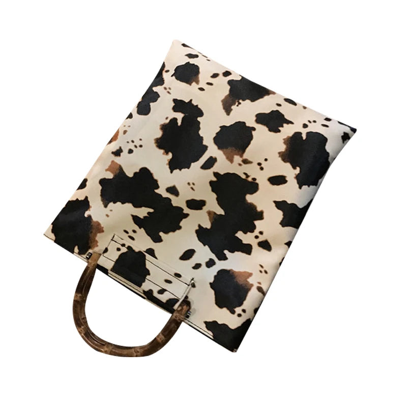 Vintage Cow Pattern Women Handbags Bamboo Handle Hand Bags