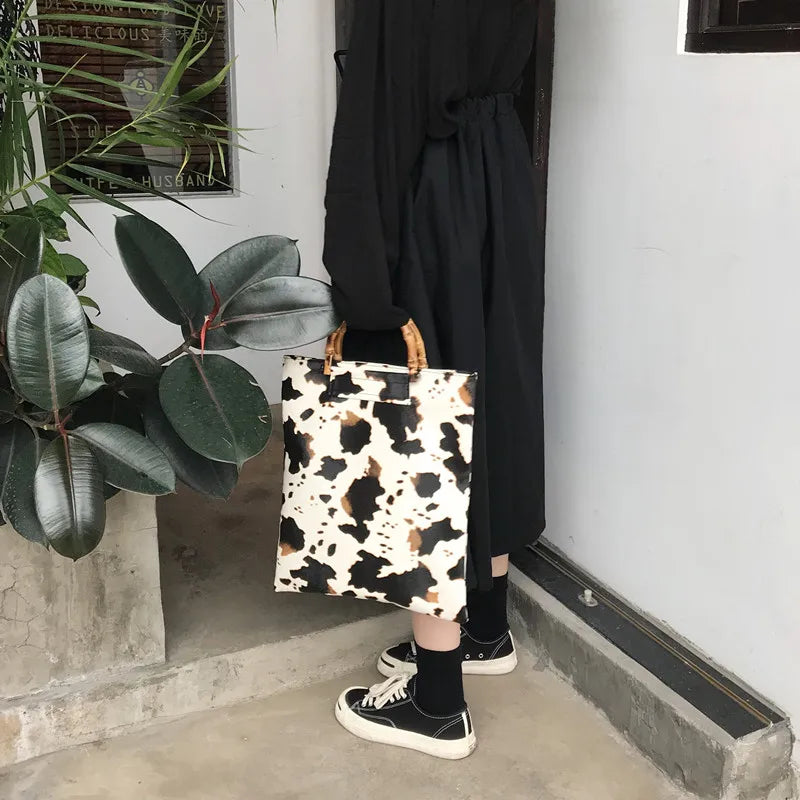 Vintage Cow Pattern Women Handbags Bamboo Handle Hand Bags