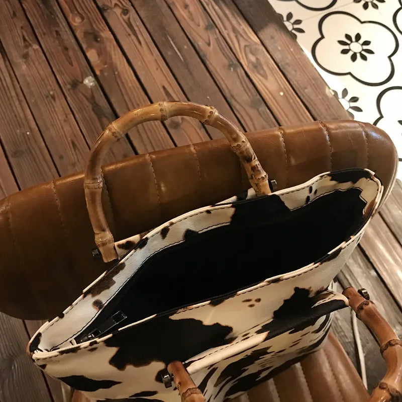 Vintage Cow Pattern Women Handbags Bamboo Handle Hand Bags