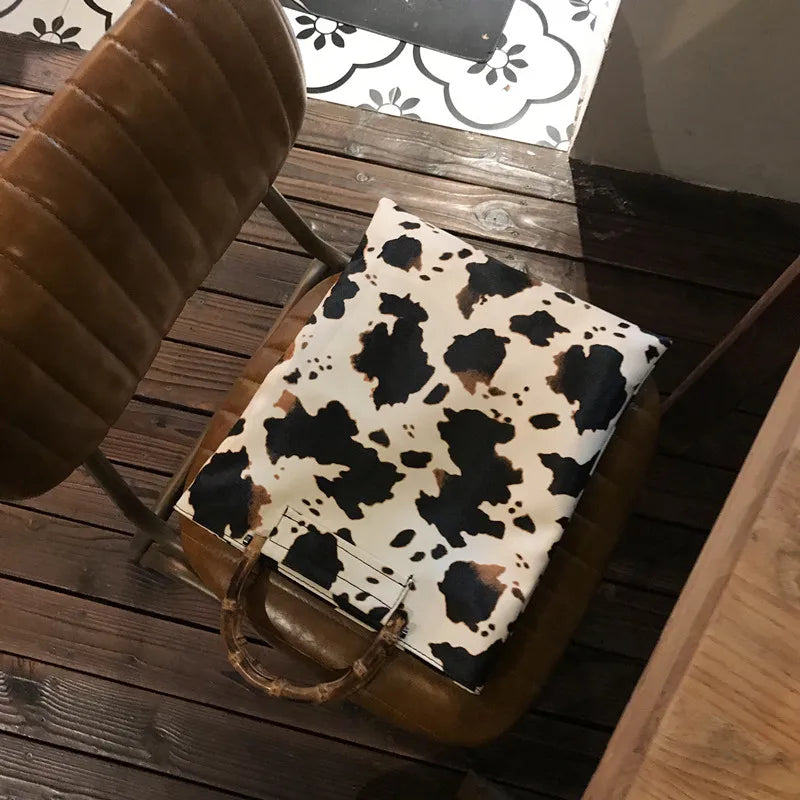 Vintage Cow Pattern Women Handbags Bamboo Handle Hand Bags