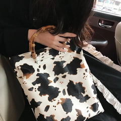 Vintage Cow Pattern Women Handbags Bamboo Handle Hand Bags