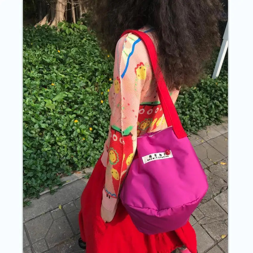 Women Nylon Shoulder Bag Solid Zipper Bucket Handbag Rose Red Tote Bag