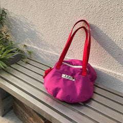 Women Nylon Shoulder Bag Solid Zipper Bucket Handbag Rose Red Tote Bag