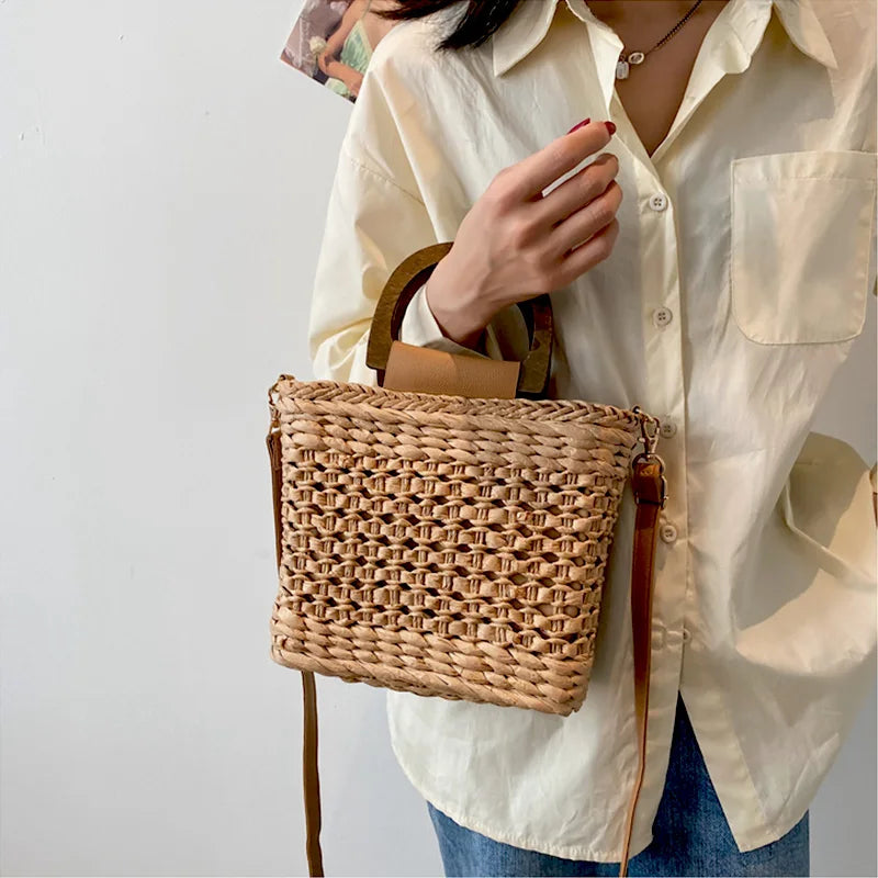 Straw Tote Bag Drawstring Closure Wooden Handle Beach Shoulder Bag