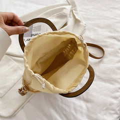 Straw Tote Bag Drawstring Closure Wooden Handle Beach Shoulder Bag