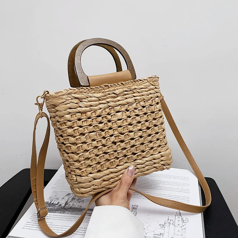 Straw Tote Bag Drawstring Closure Wooden Handle Beach Shoulder Bag
